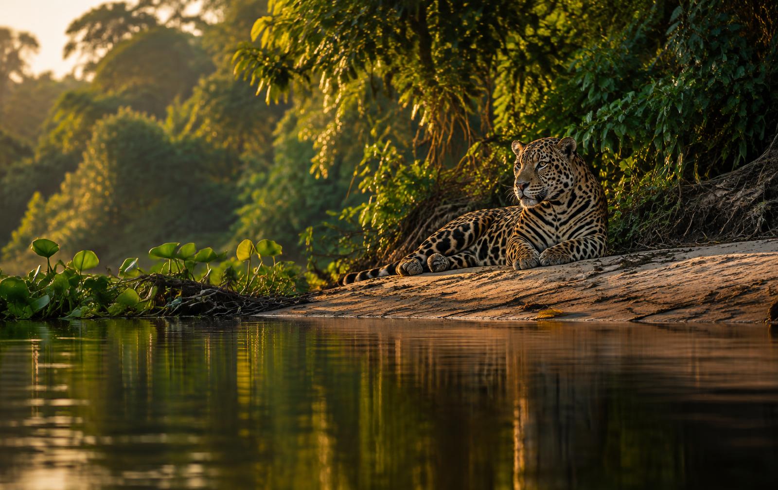 Jaguar resting on a Pantanal riverbank